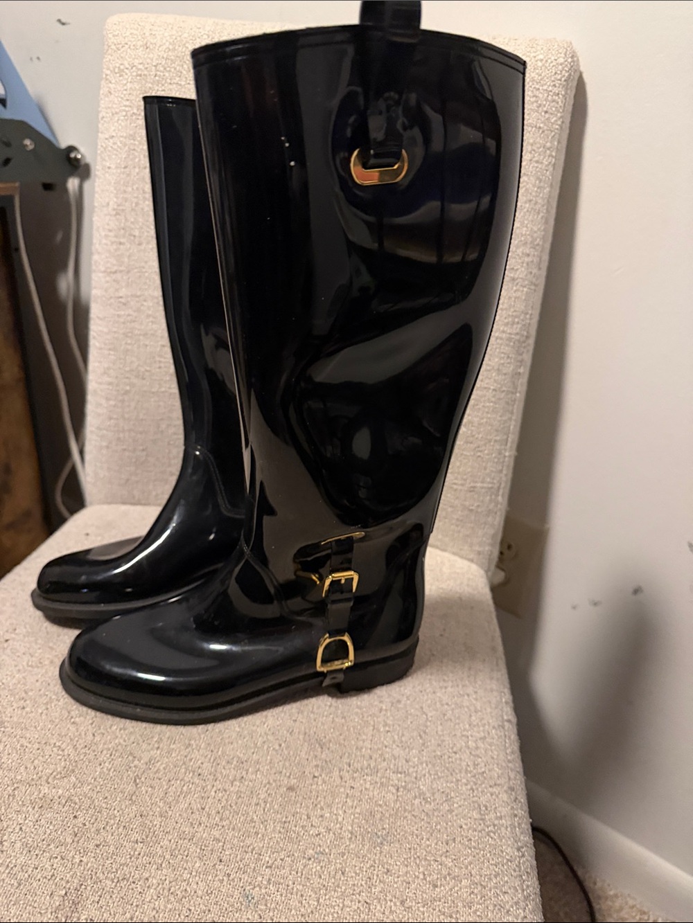 Women's Glossy Black Rain Boots with Gold Buckle Accent